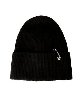 Versace Black Chenille Silver Pin Hardware Wool Beanie Hat One Size